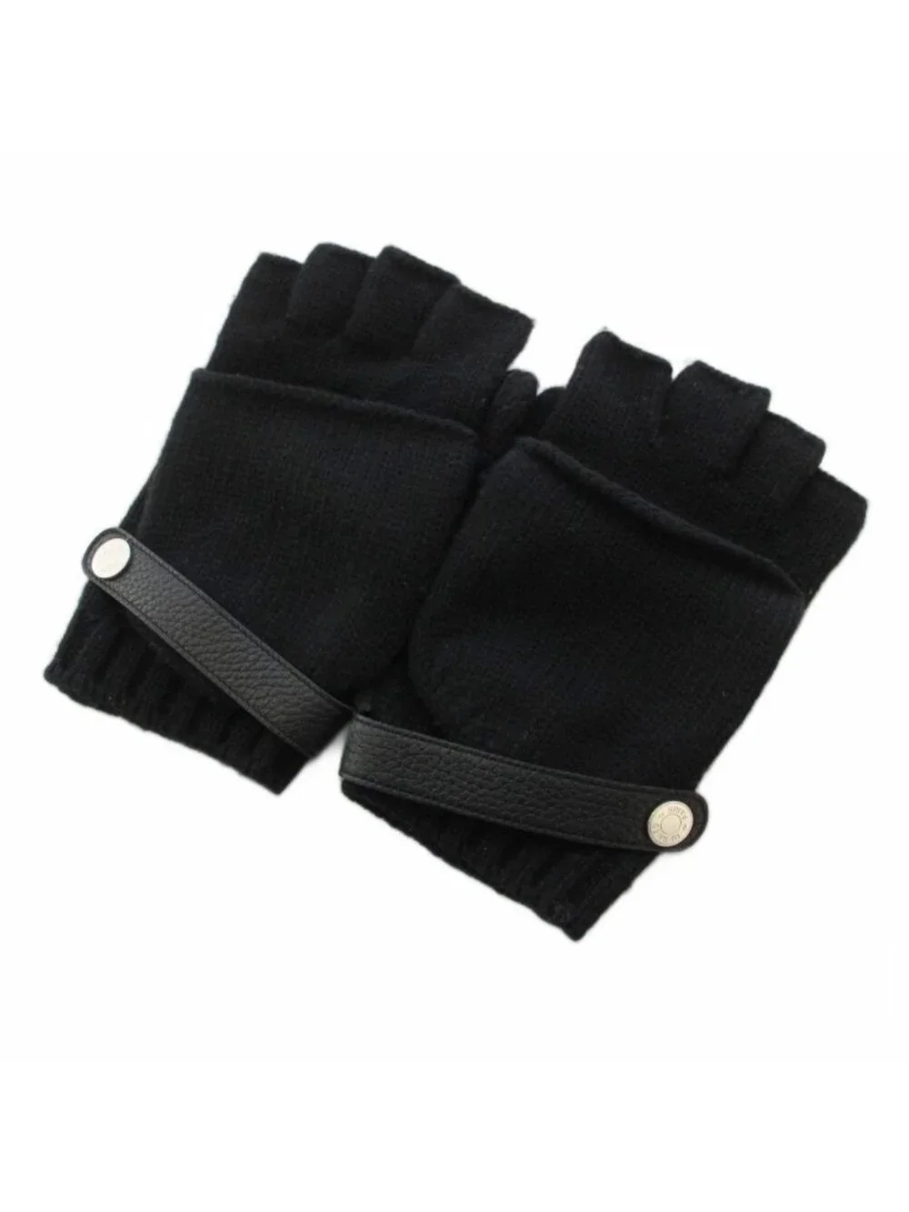 Hermes Knit Gloves Cashmere Deerskin Leather Sellier Buttons Black KH